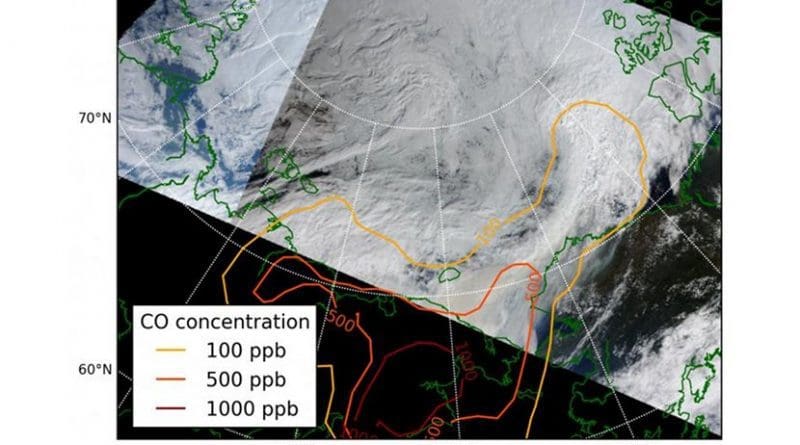A rare case of forest fire smoke interacting with clouds in the Arctic in July 2012. Contour lines indicate carbon monoxide concentrations in the atmosphere. Credit MODIS/NASA
