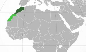 Location of Morocco. Internationally recognized territory of Morocco. Lighter green: Western Sahara, a territory claimed and mostly controlled by Morocco as its Southern Provinces. Source: Wikipedia Commons.