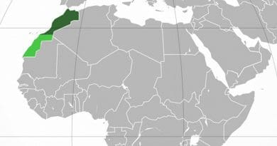 Location of Morocco. Internationally recognized territory of Morocco. Lighter green: Western Sahara, a territory claimed and mostly controlled by Morocco as its Southern Provinces. Source: Wikipedia Commons.