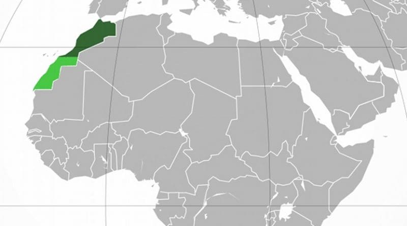 Location of Morocco. Internationally recognized territory of Morocco. Lighter green: Western Sahara, a territory claimed and mostly controlled by Morocco as its Southern Provinces. Source: Wikipedia Commons.