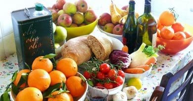 Typical ingredients included in the Mediterranean diet. Photo by G.steph.rocket, Wikipedia Commons.