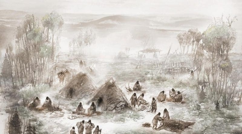 A scientific illustration of the Upward Sun River camp in what is now Interior Alaska. Credit Illustration by Eric S. Carlson in collaboration with Ben A. Potter