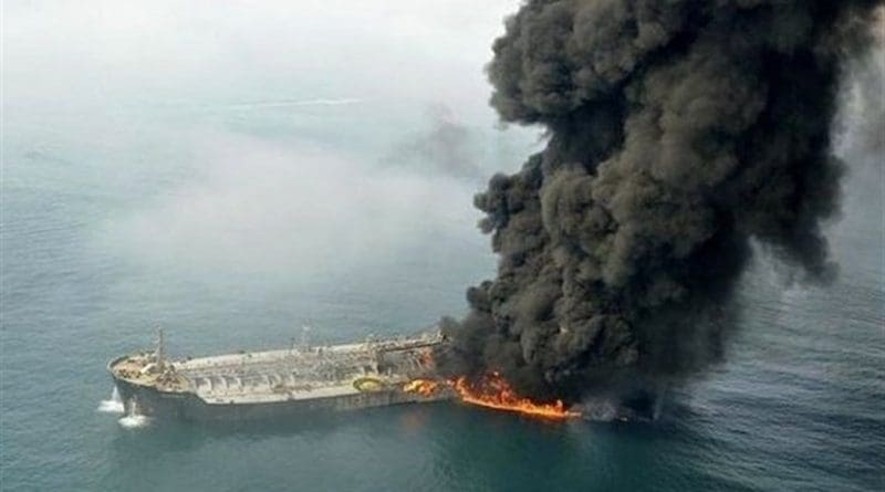 Iranian oil tanker ‘Sanchi’ on fire in the East China Sea. Photo Credit: Tasnim News Agency.