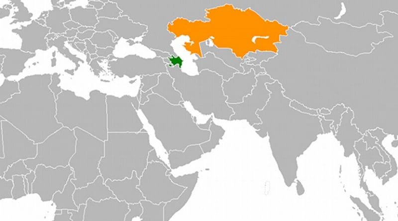 Locations of Azerbaijan (green} and Kazakhstan (orange). Source: Wikipedia Commons.