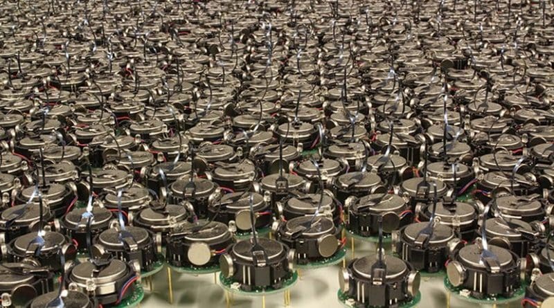 An example of a robot swarm is Kilobot, a thousand robot swarm developed at Harvard University. Photo Credit: asuscreative, Wikimedia Commons.