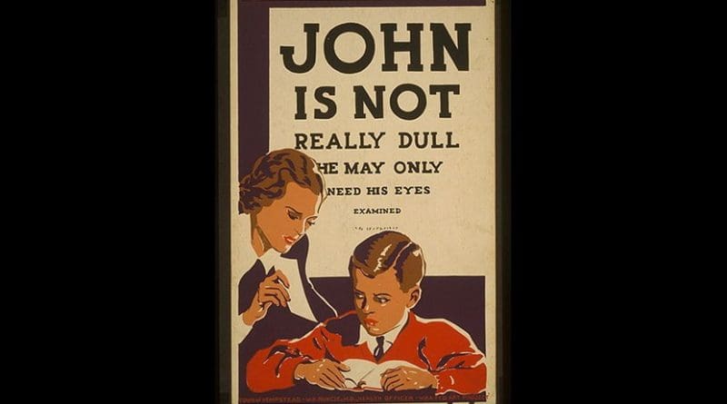 Poster recommending eye examinations for children having difficulty learning, showing a woman in front of a boy reading a book. Behind the boy is an eye chart with readable text saying: "JOHN IS NOT REALLY DULL HE MAY ONLY NEED HIS EYES EXAMINED." Sponsored by Town of Hempstead, New York, W.H. Runcie, M.D., Health Officer. Wikimedia Commons.