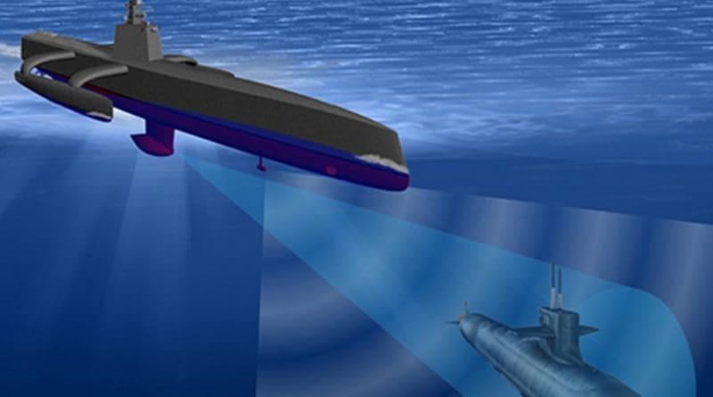 A rendering of the Continuous Trail Unmanned Vessel (ACTUV). Credit Defense Advanced Research Projects Agency (DARPA), Wikipedia Commons.
