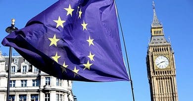 European Union flag in front of Big Ben, London, United Kingdom. Photo by Ilovetheeu, Wikimedia Commons.