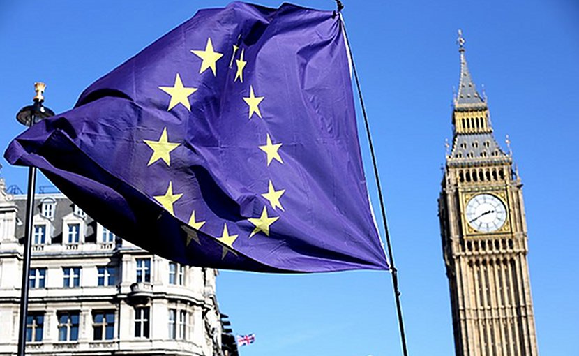 European Union flag in front of Big Ben, London, United Kingdom. Photo by Ilovetheeu, Wikimedia Commons.