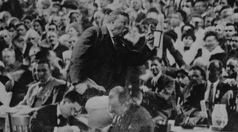 Theodore Roosevelt speaking in convention hall, Chicago. Photo Credit: Moffett Studio/ Weimer & Fabry Co., Wikimedia Commons.