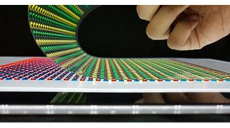 Electric Eel-Inspired Device Reaches 110 Volts: This photo depicts the printed, high voltage implementation of the artificial electric organ. A 3-D bioprinter was used to deposit arrays of gel precursor droplets onto plastic substrates, which were then cured with a UV light to convert them into solid gels. Alternating high-salinity and low-salinity gels (red and blue gels, respectively) were printed onto one substrate, and alternating cation-selective and anion-selective gels (green and yellow gels, respectively) were printed onto a second substrate. When overlaid, these gels connect to form a conductive pathway of 612 tetrameric gel cells that can be used to generate up to 110 volts. Credit Anirvan Guha and Thomas Schroeder