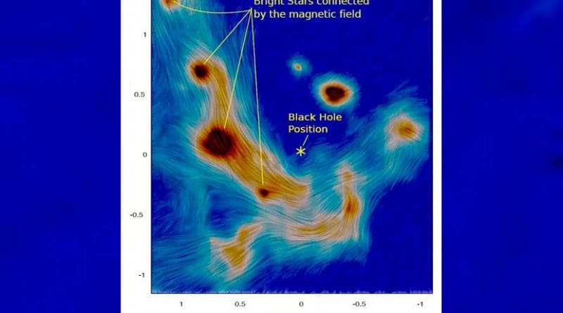 The colour scale in the image shows the amount of infrared (heat) radiation coming from warm dust particles in the filaments and luminous stars within a light year of the Galactic centre. The position of the black hole is indicated by an asterisk. The lines trace the magnetic field directions and reveal the complex interactions between the stars and the dusty filaments, and the impact that they and the gravitational force has on them. The observations were made with the largest telescope in Europe, which allowed details of the fine structure in the magnetic fields to be revealed for the first time. Credit E. Lopez-Rodriguez / NASA Ames / University of Texas at San Antonio