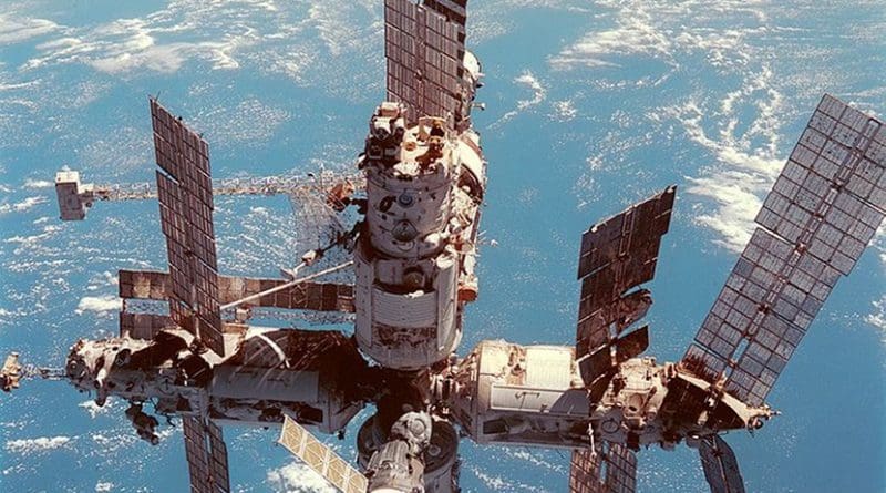 Russia's Mir space station is backdropped over the blue and white planet Earth. Photo by NASA, Wikimedia Commons.