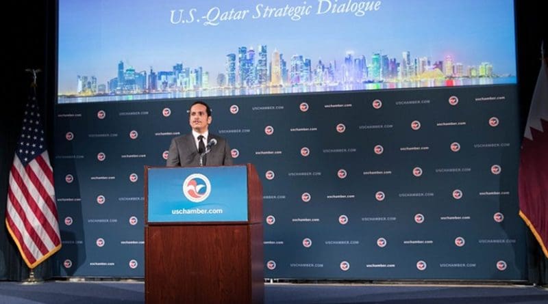 Qatar's Deputy Prime Minister and Foreign Minister Sheikh Mohammed bin Abdulrahman Al-Thani speaking at the US Chamber of Commerce. Photo Credit: Qatar Foreign Ministry.