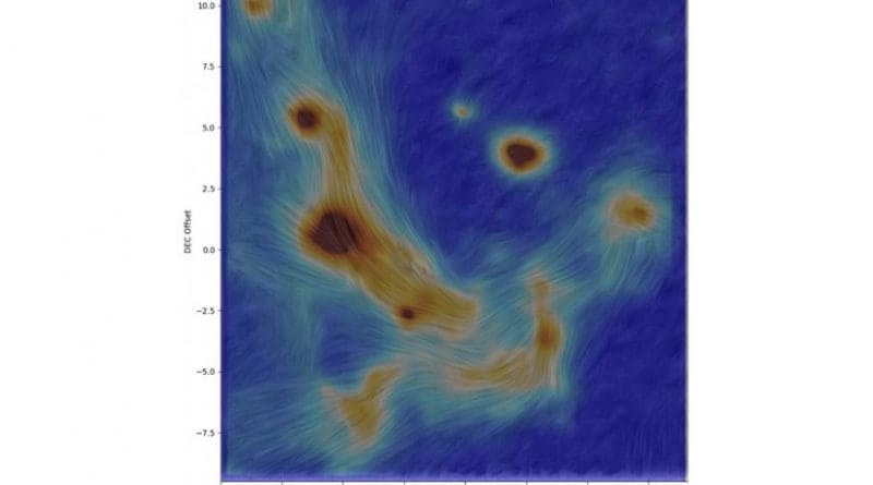 This image is a new high-resolution map of the magnetic field lines in gas and dust swirling around the supermassive black hole at the center of our galaxy. Credit Oxford University/Royal Astronomical Society/UTSA
