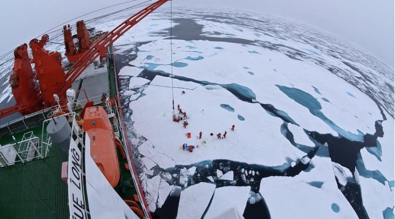 Drift ice camp in the middle of the Arctic Ocean as seen from the deck of icebreaker Xue Long. Photo by Timo Palo, Wikimedia Commons.