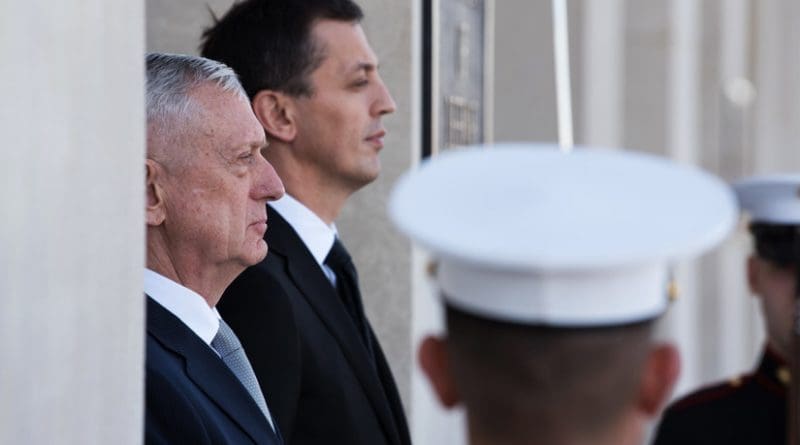 Defense Secretary James N. Mattis, left, and Defense Minister Predrag Boskovic of Montenegro stand during a welcoming ceremony before their meeting at the Pentagon, Feb. 27, 2018. DoD photo by Army Sgt. Amber I. Smith