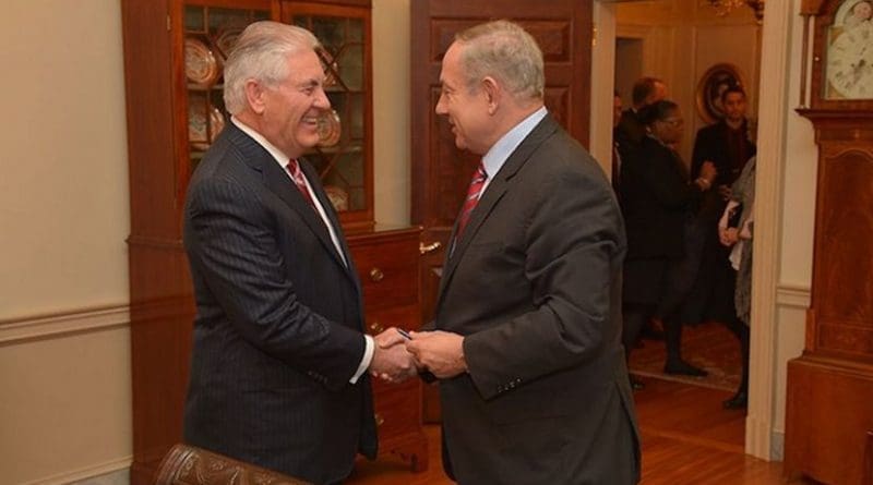 U.S. Secretary of State Rex Tillerson (here shaking hands with Israeli Prime Minister Benjamin Netanyahu before their working dinner at the U.S. Department of State in Washington, D.C., on February 14, 2017. State Department photo/ Public Domain