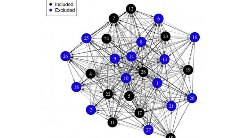 Nodes and lines represent the health-related variables and the strength of interdependence between two variables respectively. MENet helps build the Optimal Information Network (OIN) which indicates the most useful information to accurately characterize systemic health. Credit Servadio J.L. and Convertino M, Science Advances, Feb. 2, 2018.