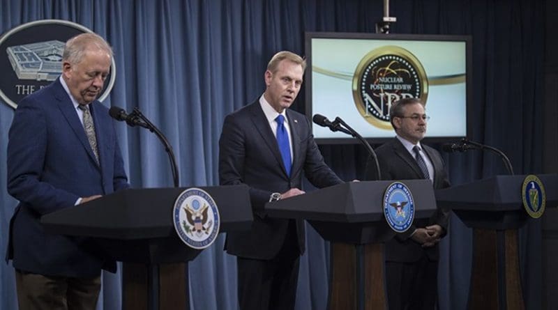 Deputy Defense Secretary Patrick M. Shanahan, center, Undersecretary of State for Political Affairs Thomas A. Shannon Jr., left, and Deputy Energy Secretary Dan Brouillette brief the press on the 2018 Nuclear Posture Review at the Pentagon, Feb. 2, 2018. DoD photo by Navy Petty Officer 1st Class Kathryn E. Holm