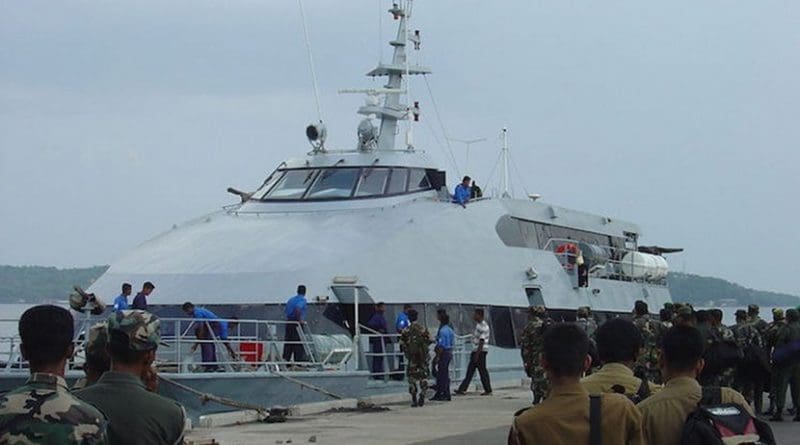 Sri Lanka troop transport catamaran in strategically located deep-water Trinconalee harbor. Credit: Wikimedia Commons.
