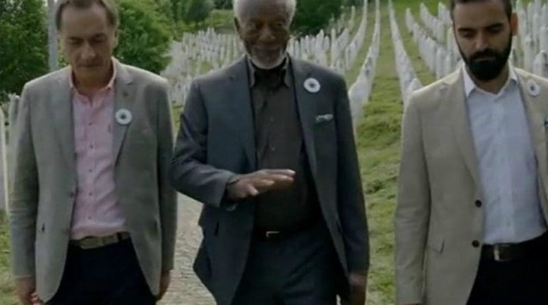 Morgan Freeman (centre) at the Srebrenica memorial. Photo: National Geographic Channel/screenshot.