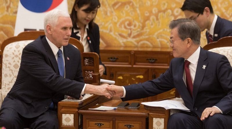 US Vice President Mike Pence speaks with South Korean President Moon Jae-in during a meeting at the presidential office Blue House in Seoul. Photo Credit: VP Pence Twitter