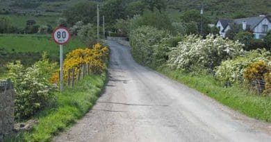 The border at Killeen (North Ireland) (viewed from the UK side) marked only by a metric (km/h) speed limit sign. Photo by Oliver Dixon, Wikipedia Commons.