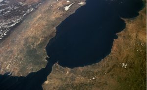 The Strait of Gibraltar as seen from space. The Iberian Peninsula is on the left and North Africa on the right. Photo Credit: NASA.