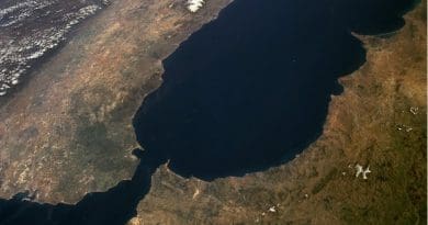 The Strait of Gibraltar as seen from space. The Iberian Peninsula is on the left and North Africa on the right. Photo Credit: NASA.