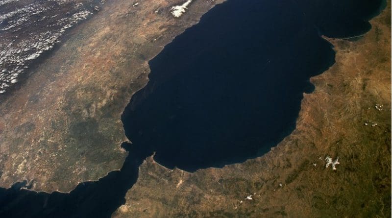 The Strait of Gibraltar as seen from space. The Iberian Peninsula is on the left and North Africa on the right. Photo Credit: NASA.