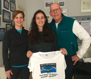 At the ACNEG office in Tarifa. L-R: Lesley Fanning, Laura Gutierrez (ACNEG Director) and author before the swim. Photo Credit: Tito Craige.