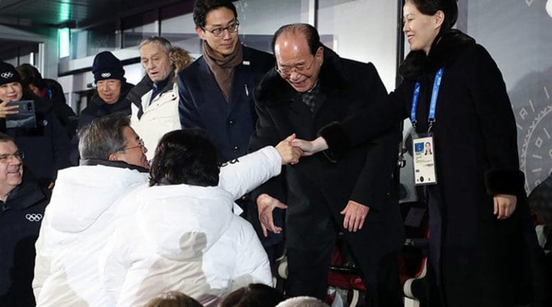 South Korean President Moon Jae-in shakes hands with Kim Yo Jong, the sister of North Korean leader Kim Jong Un, at 2018 Olympics. Source: 대한민국 청와대