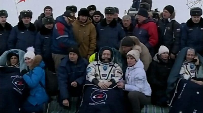 NASA astronaut Joe Acaba, Russian cosmonaut Alexander Misurkin and NASA astronaut Mark Vande Hei relax after their return trip from the International Space Station to their landing site southeast of the remote town of Dzhezkazgan in Kazakhstan, where they touched down at 9:31 p.m. EST Tuesday, Feb. 27, 2018. Credits: NASA Television