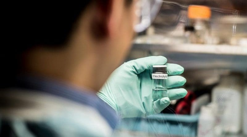 Researchers at PNNL developed a novel electrolyte for vehicle batteries that successfully creates a protective layer around electrodes -- so they won't corrode -- achieving significantly increased charge/discharge cycles. Credit PNNL