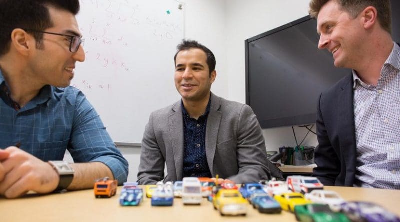 Left to right: Sina Bahrami, Mehdi Nourinejad and Professor Matthew Roorda designed an algorithm to optimize the design of parking lots for autonomous vehicles, increasing their capacity by an average of 62 per cent. Credit Roberta Baker