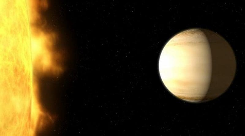 A team of British and American astronomers used data from several telescopes on the ground and in space -- among them the NASA/ESA Hubble Space Telescope -- to study the atmosphere of the hot, bloated, Saturn-mass exoplanet WASP-39b, about 700 light-years from Earth. The analysis of the spectrum showed a large amount of water in the exoplanet's atmosphere -- three times more than in Saturn's atmosphere. Credit NASA, ESA, and G. Bacon (STScI)