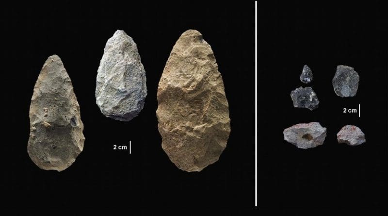 The first evidence of human life in the Olorgesailie Basin comes from about 1.2 million years ago. For hundreds of the thousands of years, people living there made and used large stone-cutting tools called handaxes (left). According to three new studies published in Science, early humans in East Africa had--by about 320,000 years ago--begun using color pigments and manufacturing more sophisticated tools (right) than those of the Early Stone Age handaxes, tens of thousands of years earlier than previous evidence has shown in eastern Africa. The sophisticated tools (right) were carefully crafted and more specialized than the large, all-purpose handaxes (left). Many were points designed to be attached to a shaft and potentially used as projectile weapons, while others were shaped as scrapers or awls. The National Museums of Kenya loaned the artifacts pictured above to conduct the analyses published in Science. Credit Human Origins Program, Smithsonian
