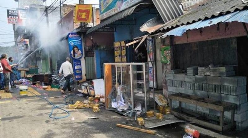 Photo: Some of the shops that were set on fire at Katugastota near Sri Lanka’s Kandy city on March 7, 2018. Credit: Meera Srinivasan | The Hindu