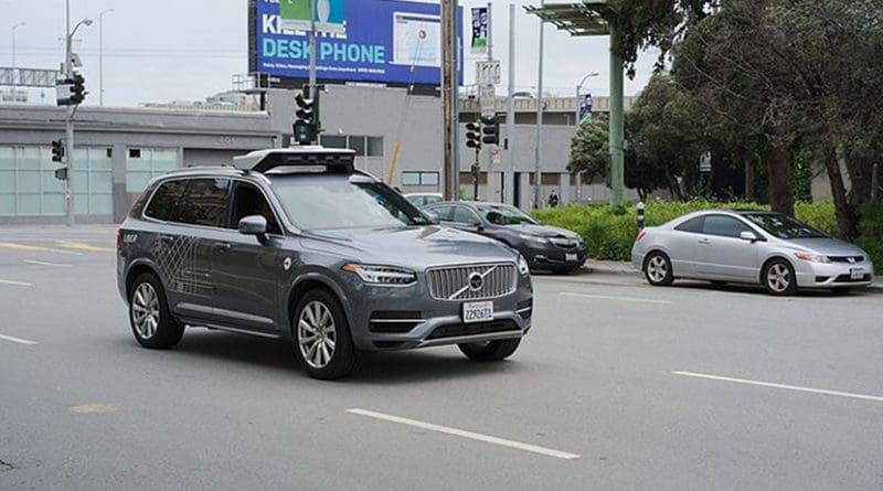 Uber autonomous vehicle Volvo XC90 in San Francisco. Photo by Dllu, Wikipedia Commons.
