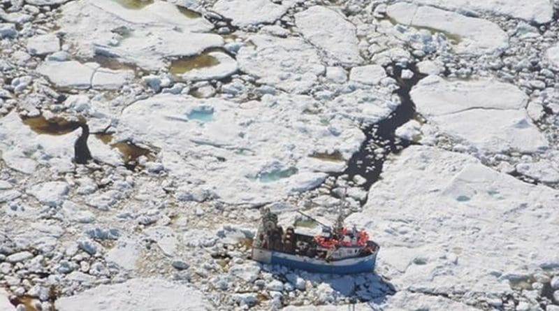 This is a crab fishing boat trapped in the multiyear sea ice off the Newfoundland coast. Credit David G. Barber
