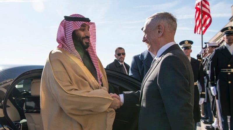 Defense Secretary James N. Mattis, right, meets with Saudi Arabian Crown Prince Mohammed bin Salman, first deputy prime minister and defense minister, at the Pentagon, March 22, 2018. DoD photo by Navy Petty Officer 1st Class Kathryn E. Holm