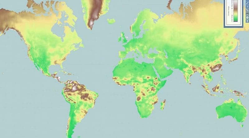UC's new ClimateEx map uses predictive models to display where the world could see the most and least climate change over the next 50 years. Green areas could see least change while white and brown areas are predicted to see the most. Credit Tomasz Stepinski/ClimateEx