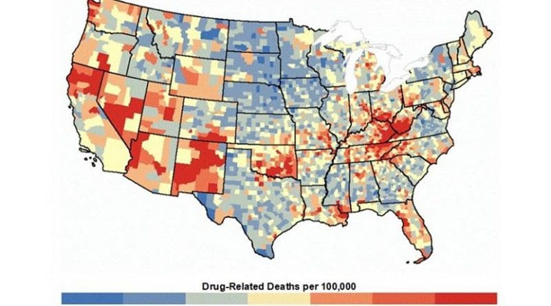 This is a map showing county-level age-adjusted drug related deaths per 100,000, 2006-2015. Credit Shannon M. Monnat
