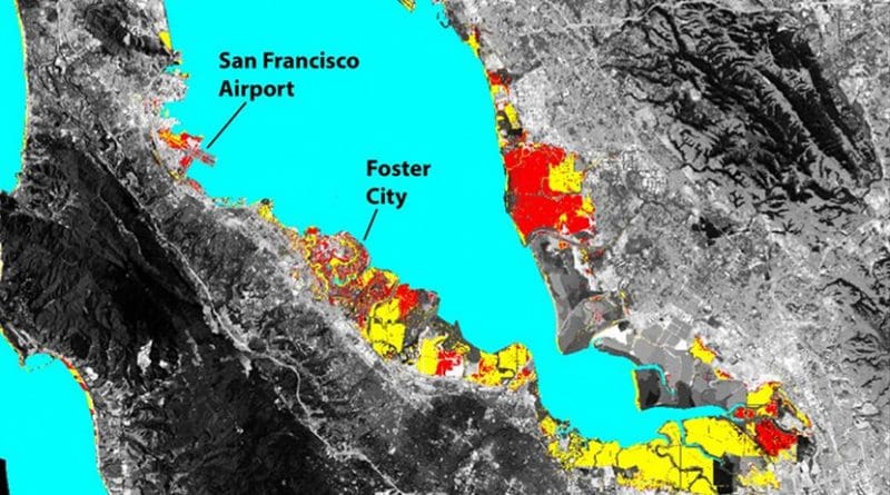 The San Francisco Bay shoreline, where yellow indicates areas where a projected rise in sea level (SLR) will result in flooding by 2100. Red shows where local land subsidence (LLS) will combine with SLR to increase the flood-prone areas. Credit ASU/Manoochehr Shirzaei