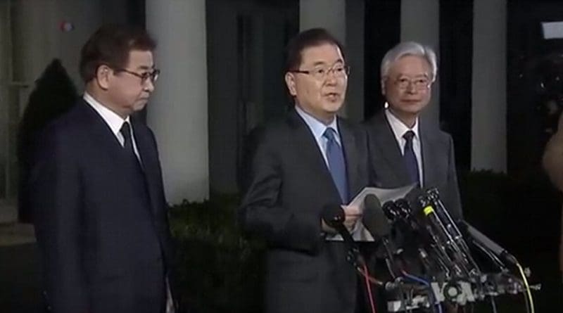 Republic Of Korea National Security Advisor Chung Eui-Yong at White House announcing future meeting of US President Donald Trump and North Korea'sKim Jung Un. Photo Credit: VOA screenshot.