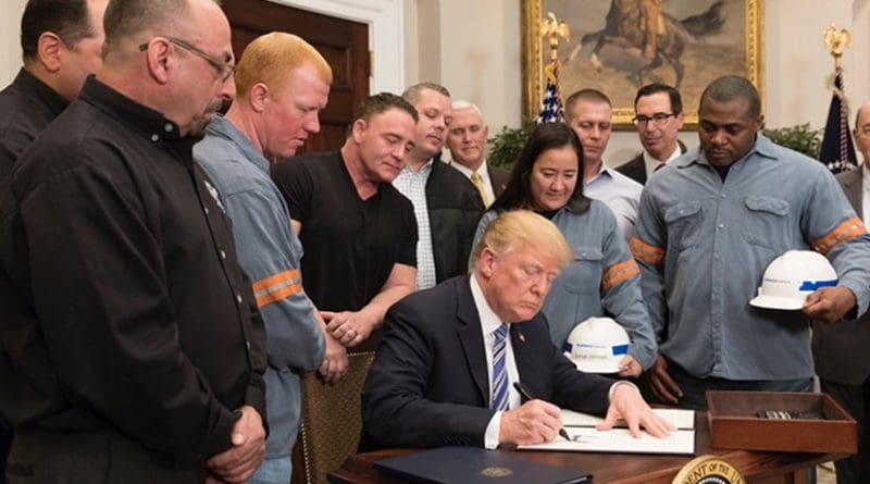 US President Donald Trump signs Presidential Proclamation on Adjusting Imports of Aluminum into the United States. Photo Credit: White House.