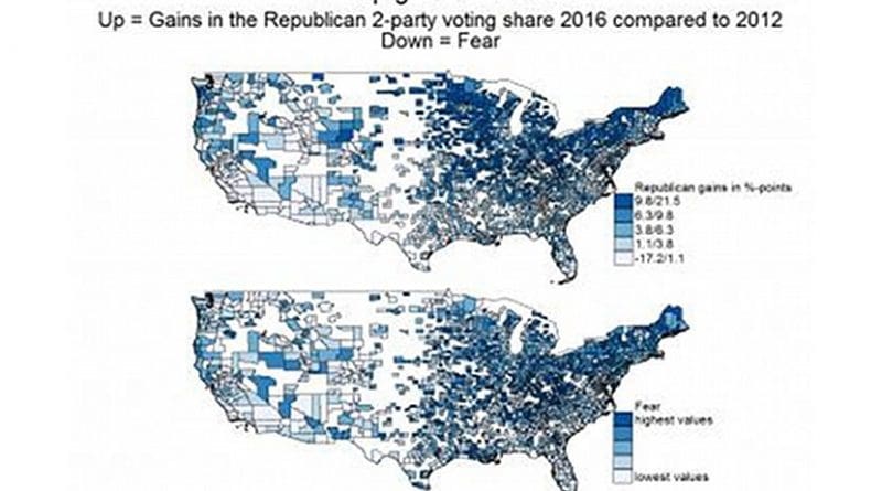 Map of 3 million personality tests showing regional neuroticism (fear) and voting behavior in the United States. Credit Social Psychological and Personality Science