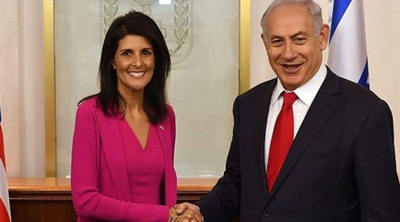 Nikki Haley with Israeli Prime Minister Benjamin Netanyahu at his office in Jerusalem. (Photo: Courtesy US Embassy Tel Aviv, Wikimedia Commons)