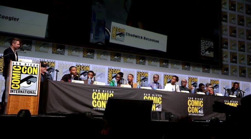 (L:R) Moderator Chris Hardwick, Feige, Coogler, and the cast of Black Panther at the 2017 San Diego Comic-Con. Photo Credit: Gage Skidmore, Wikipedia Commons.